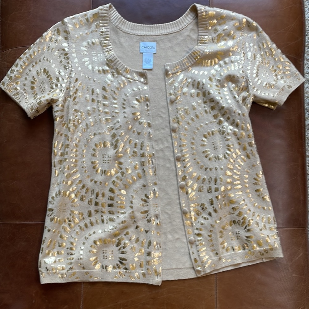Chico's sz 2 Gold Patterned Cardigan